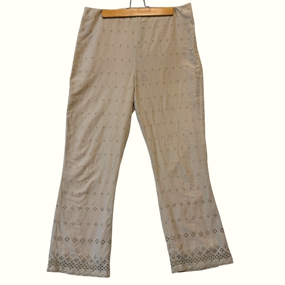 RALPH LAUREN Vintage Pants Women's 10 Cropped Eyelet Beige Cotton Scalloped Hem